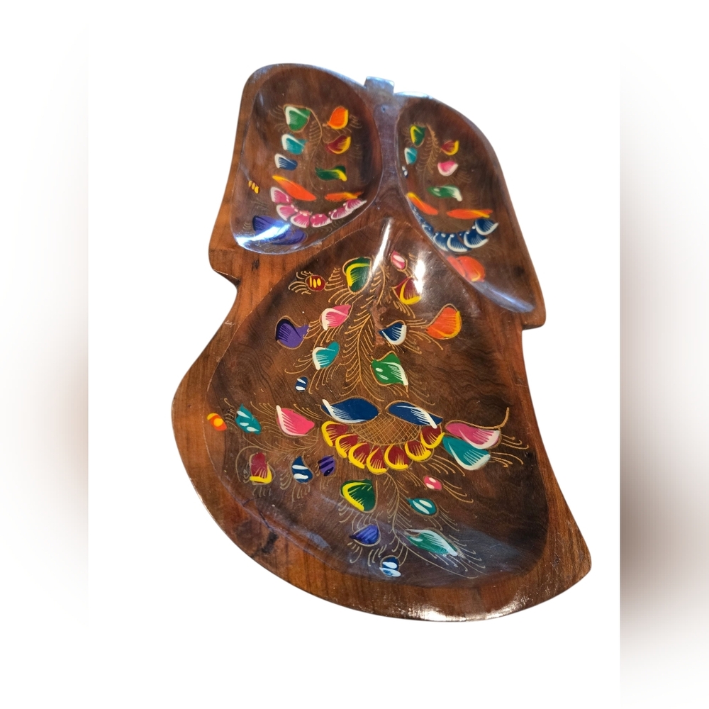 Vintage Painted Carved Batea Wood Monkey Pod Bowl Folklore Art Boho Decor.